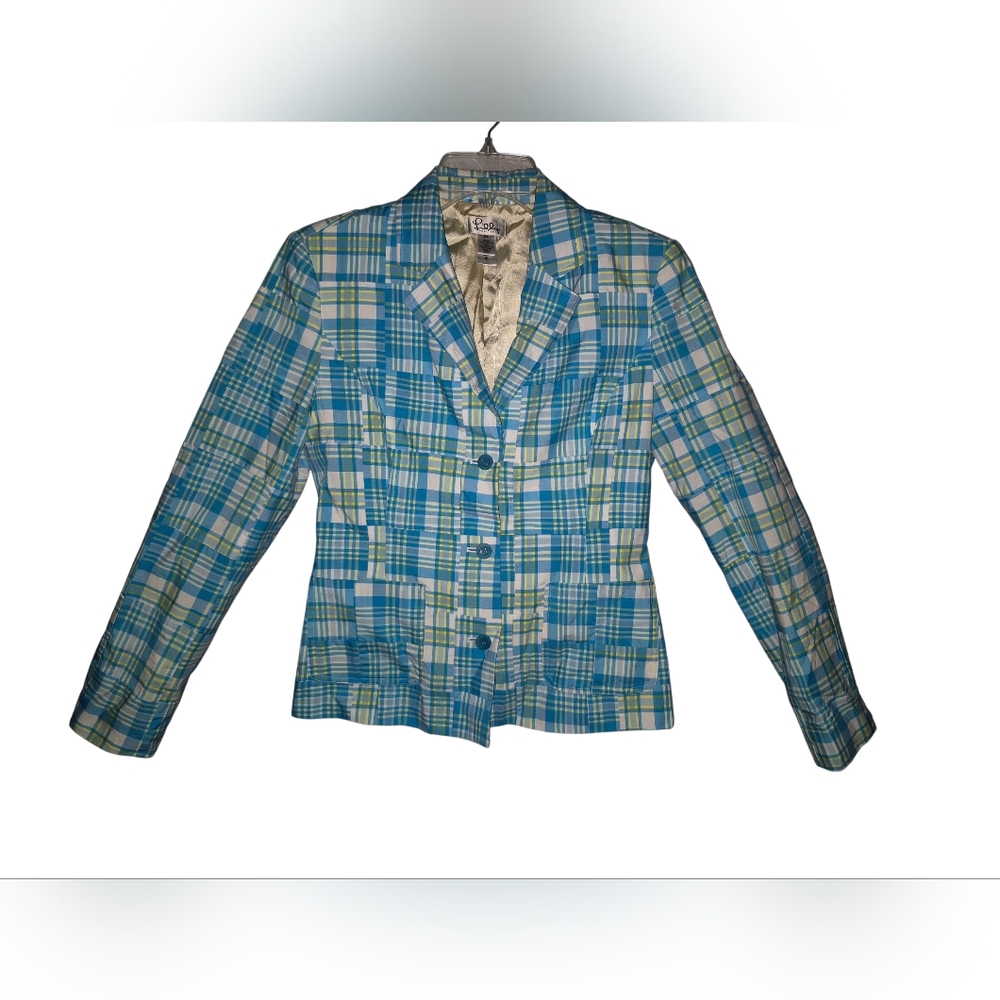 Lilly Pulitzer Blue Yellow Cream Alison Patchwork Plaid Blazer Women's XS